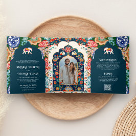 Invitación Tríptica Vibrante Boda azul oscuro del elefante de arte fol