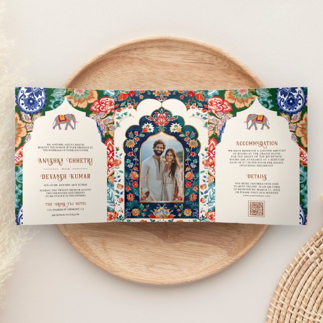 Invitación Tríptica Vibrante Boda de crema de elefante de arte folclór (Inside)