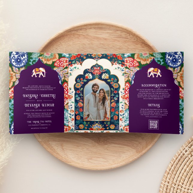Invitación Tríptica Vibrante Boda de elefante de elefante de arte folc (Subido por el creador)