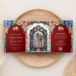 Invitación Tríptica Vibrante elefante de arte folclórico indio Boda ro