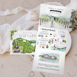 Invitación Tríptica Viñedo de Montaña Rústica | Boda