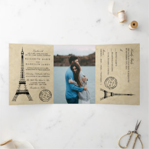 Invitación Tríptica Viñeta Eiffel Torre Paris Postmark Suite Boda