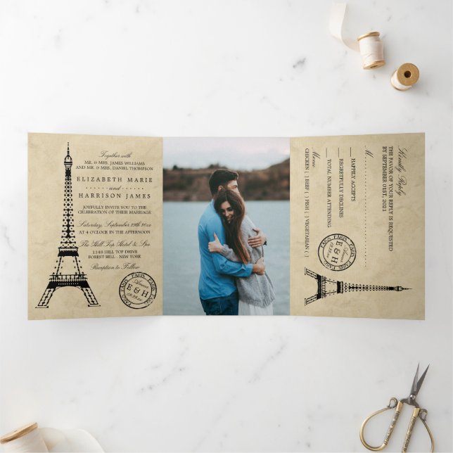 Invitación Tríptica Viñeta Eiffel Torre Paris Postmark Suite Boda (Interior)