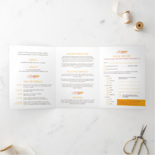 Invitación Tríptica Vinos de otoño naranja acuarela boda todo en uno