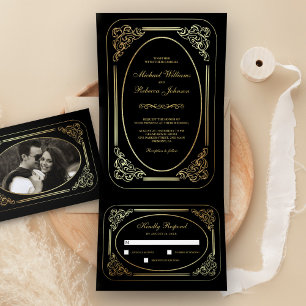 Invitación Tríptica Vintage Art Deco Negro y oro todo en un solo Boda