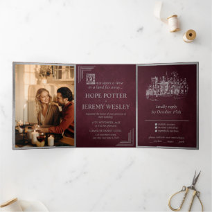 Invitación Tríptica Vintage Fairy Tale Book Silver Burgundy Boda