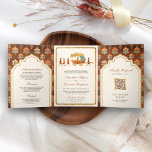 Invitación Tríptica Vintage Royal Queen Gold Chariot Boda indio<br><div class="desc">Sorprenda a sus invitados con esta elegante invitación nupcial india que incluye un ilustracion vintage de una hermosa novia doli y elegante. Personalizar el código QR para RSVP en línea o ubicación del recinto. Simplemente agregue los detalles de su evento en esta plantilla fácil de usar y adorne esta tarjeta...</div>