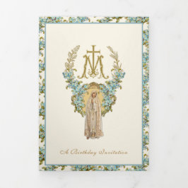 Invitación Tríptica Virgen de cumpleaños religiosa María Floral Azul