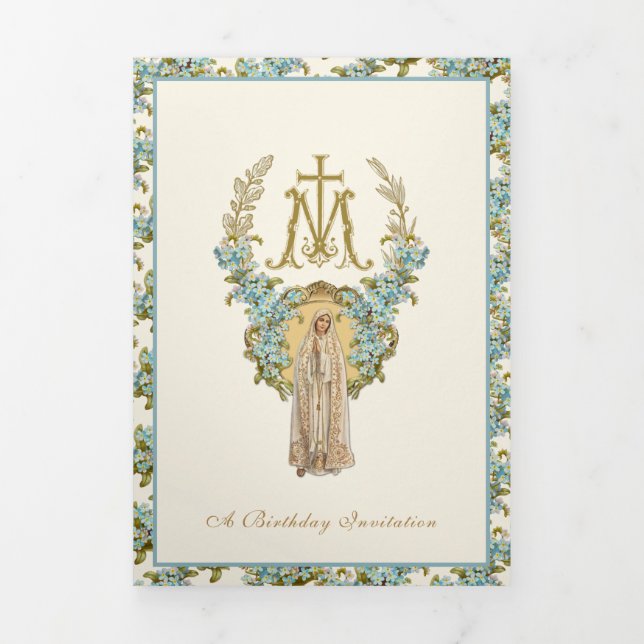 Invitación Tríptica Virgen de cumpleaños religiosa María Floral Azul (Foto de portada)
