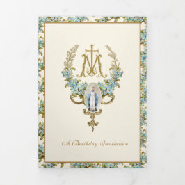 Invitación Tríptica Virgen de cumpleaños religiosa María Floral Azul