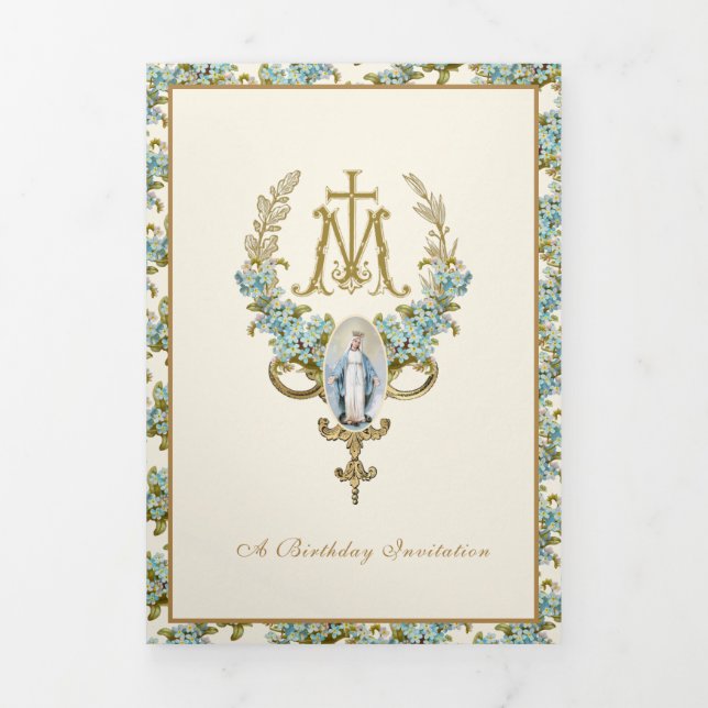Invitación Tríptica Virgen de cumpleaños religiosa María Floral Azul (Foto de portada)