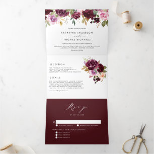 Invitación Tríptica Watercolor Borgoña y Purple Floral Fall Wedding