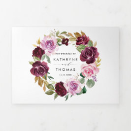 Invitación Tríptica Watercolor Borgoña y Purple Floral Fall Wedding
