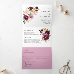 Invitación Tríptica Watercolor Borgoña y Rubor Florals Fall Wedding
