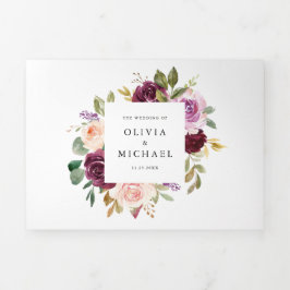 Invitación Tríptica Watercolor Borgoña y Rubor Florals Fall Wedding