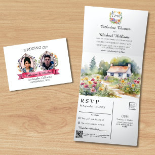Invitación Tríptica Watercolor Garden Boda de primavera de flores silv