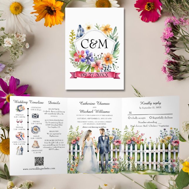 Invitación Tríptica Watercolor Garden Gate Wildflowers Boda QR Code (Subido por el creador)