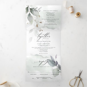 Invitación Tríptica Watercolor Green Leafy ALL IN ONE BODA