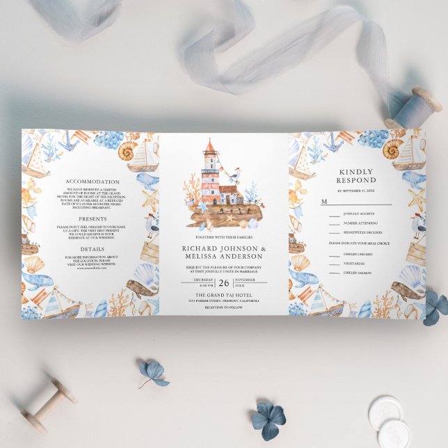 Invitación Tríptica Watercolor Lighthouse Boda de temas náuticos (Subido por el creador)