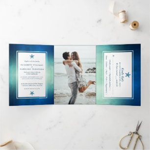 Invitación Tríptica Watercolor Ocean Starfish Beach Wedding Suite