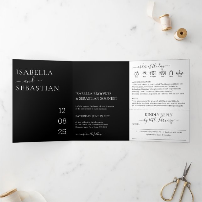 Invitación Tríptica Wedding Black All in one set kindly reply (Interior)