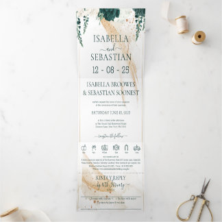 Invitación Tríptica Wedding White All in one Emerald Green Rose Floral