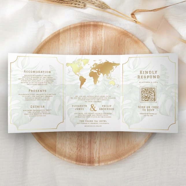 Invitación Tríptica White Gold Tropical Destination World Map Wedding (Subido por el creador)
