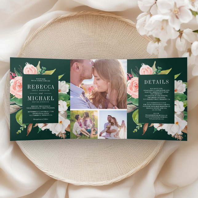 Invitación Tríptica White Magnolia Blush Pink Floral Emerald Wedding (Subido por el creador)