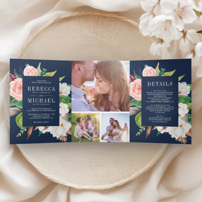 Invitación Tríptica White Magnolia Blush Pink Floral Navy Blue Wedding (Subido por el creador)