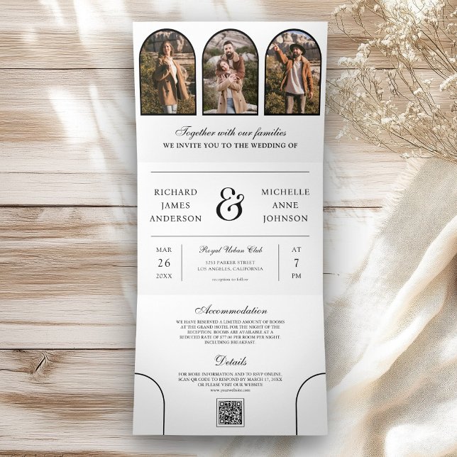 Invitación Tríptica White Minimal Arch Photo QR code Wedding (Subido por el creador)