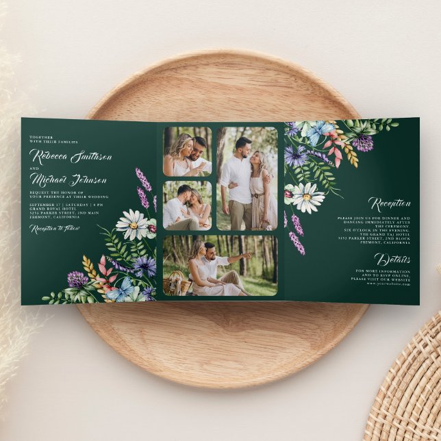 Invitación Tríptica Wildflower Photo All in One Emerald Green Wedding (Subido por el creador)