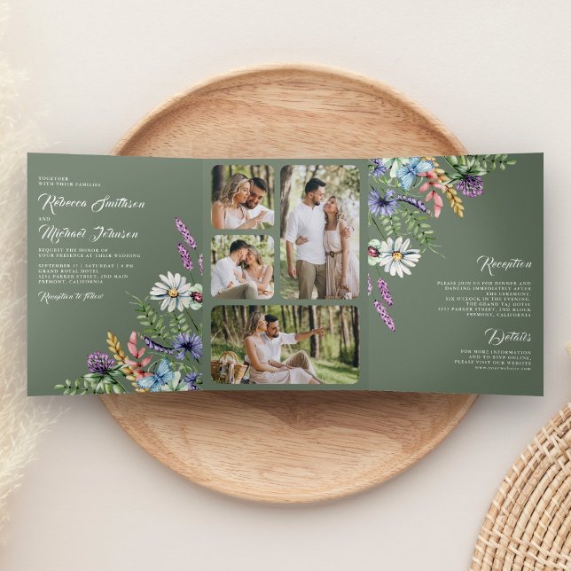 Invitación Tríptica Wildflower Photo All in One Sage Green Wedding (Subido por el creador)