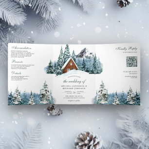 Invitación Tríptica Winter Mountain Forest Cabin Lodge Boda de código 