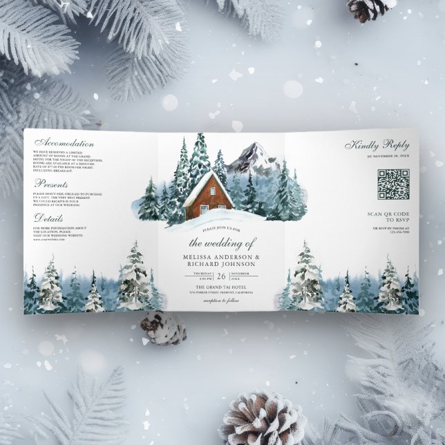 Invitación Tríptica Winter Mountain Forest Cabin Lodge Boda de código  (Subido por el creador)