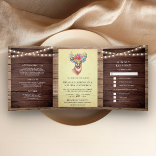 Invitación Tríptica Woodland String ilumina a Boda de Antlers de venad