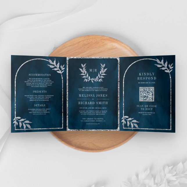 Invitación Tríptica Wreath de Laurel de plata deja Boda azul del océan (Subido por el creador)