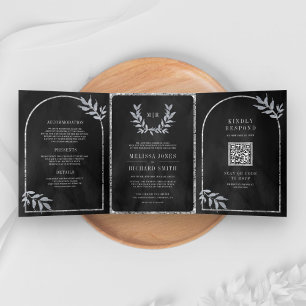 Invitación Tríptica Wreath de Laurel de plata deja Boda gris de carbón