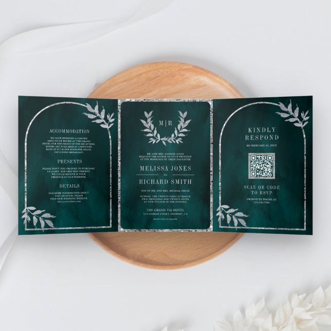 Invitación Tríptica Wreath de Laurel de plata deja Boda Verde azulado  (Subido por el creador)