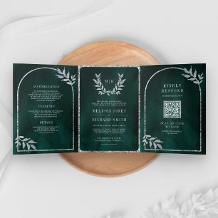 Invitación Tríptica Wreath de laurel de plata deja Boda verde de esmer