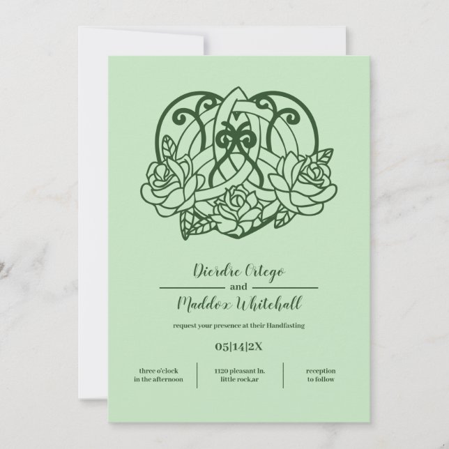 Invitación Triquetra Celta Irlandés Manejo Verde Corazón (Anverso)