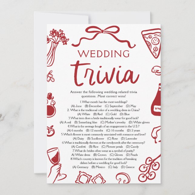 Invitación Trivia Boda de Pizza desprendida a mano (Anverso)