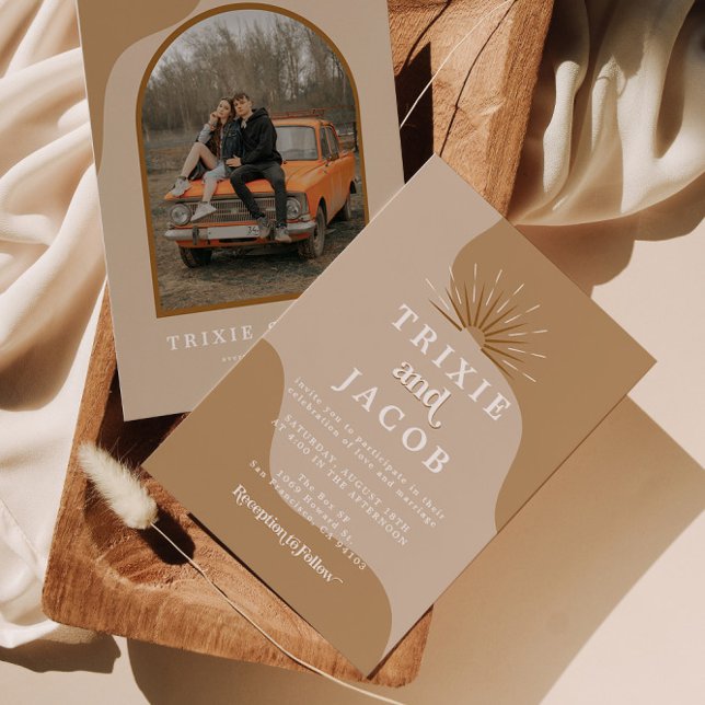 Invitación TRIXIE Beige Taupe Retro Boda de Boho Foto (Subido por el creador)