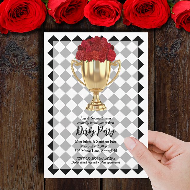 Invitación Trofeo del Día Derby y Rosas (Derby Day trophy and red roses on diamond checks invitations - PRINTED and/or INSTANT DOWNLOAD)