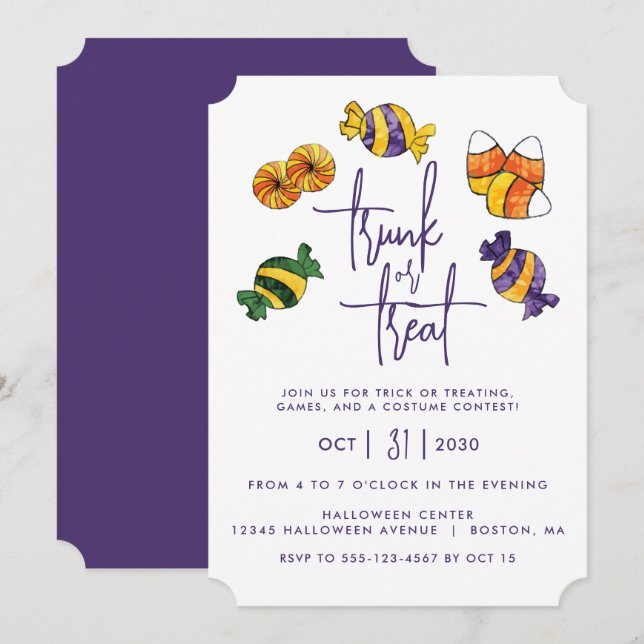 Invitación Tronco de Halloween o dulce morado (Anverso / Reverso)