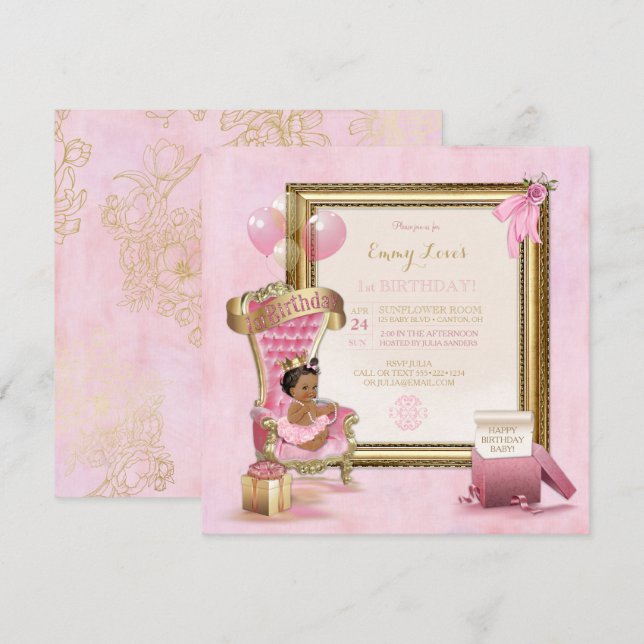 Invitación Trono de princesa afroamericana en su primer cumpl (Anverso / Reverso)