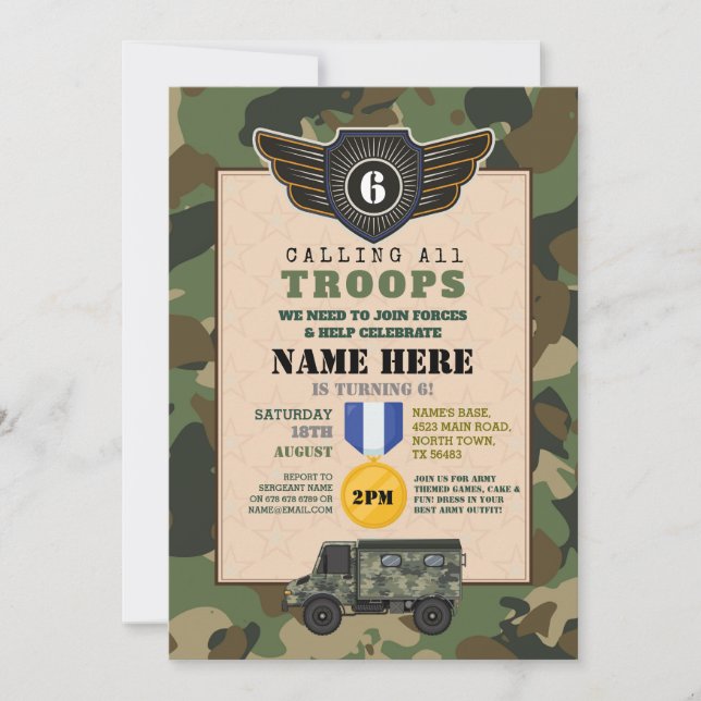Invitación Tropas Militares Partido de Cumpleaños Camo (Anverso)