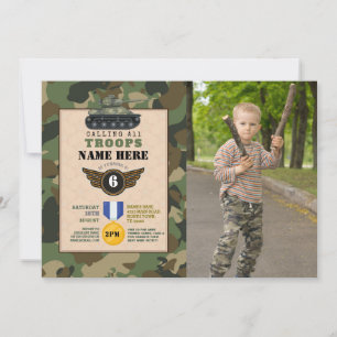 Invitación Tropas Militares Partido de Cumpleaños Camo