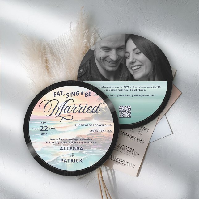 Invitación Tropic Beach Music Vinyl All One Photo QR Boda (music theme wedding invitation rock vinyl record tropical beach photo qr code all one)