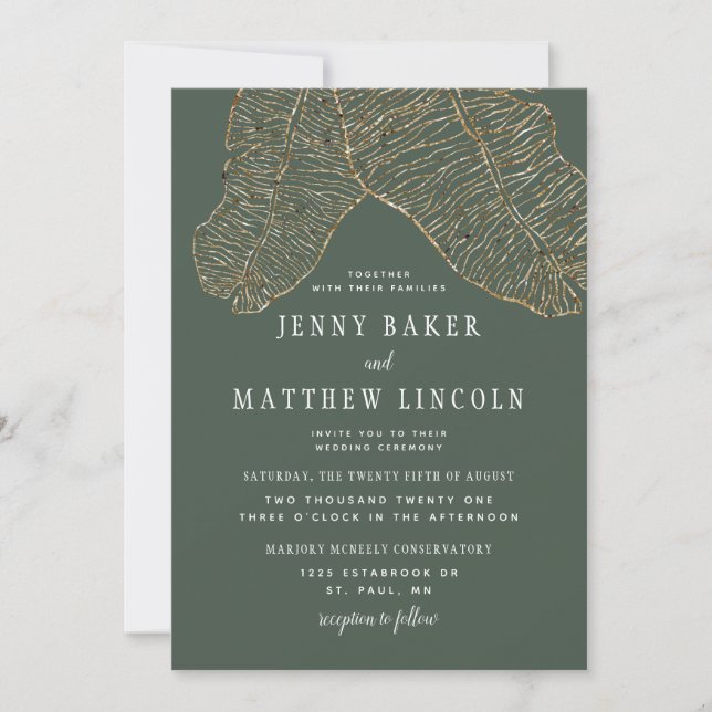 Invitación Tropic dorado Boda de hojas verdes de oro (Anverso)