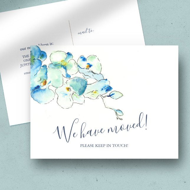 Invitación Trópica Botánica en Movimiento (change of address postcards blue watercolor orchids art by Victoria Grigaliunas)